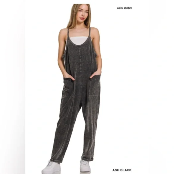 Bohemian Black Mineral Wash Jumpsuit Overalls S M L - Picture 3 of 4